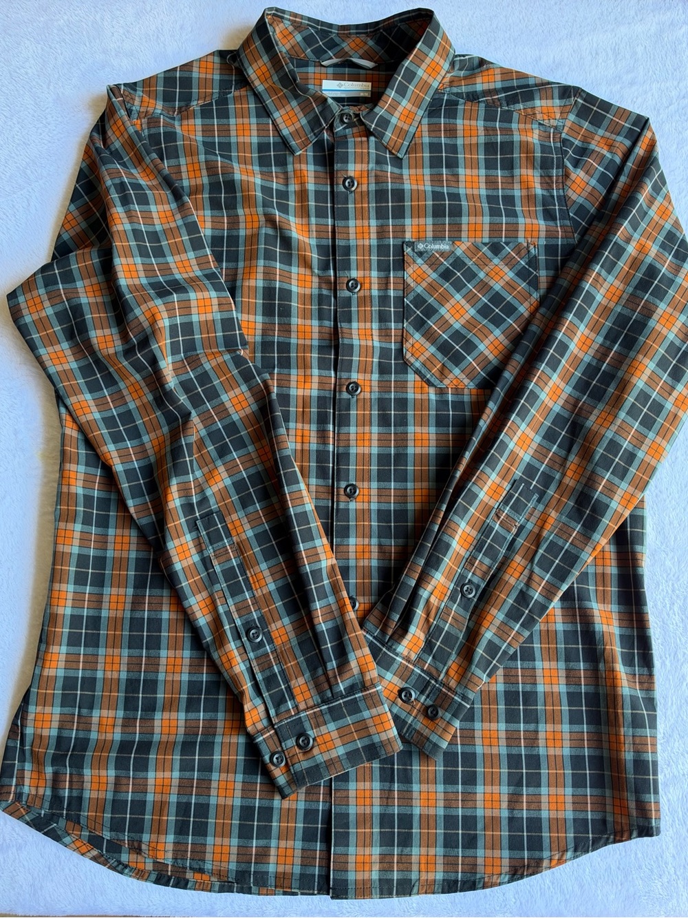 Columbia Shirt Mens M Plaid Orange Green Blue Button Down Long Sleeve Pocket
